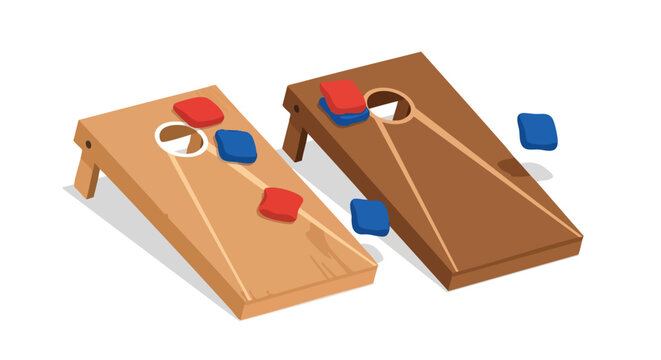 Animated cornhole game illustration showcasing recreational outdoor activity with wood platforms and red and blue bean bags on a white backdrop