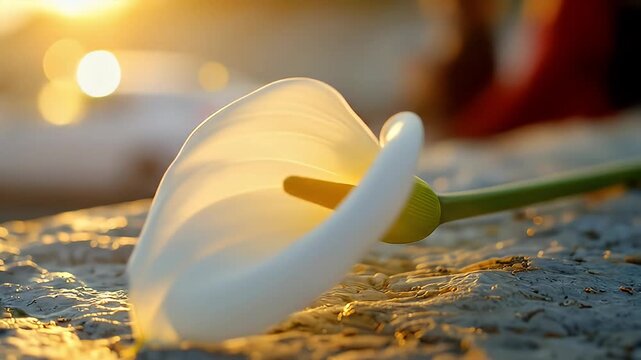 Luminous white calla lily lying on weathered wood, illuminated by golden sunlight