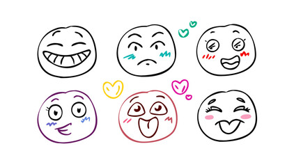 Six expressive cartoon faces with colorful hearts emojis expressions