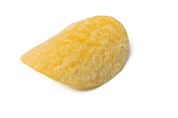 Photo of potato chips taken with a high-resolution camera using the focus-stacking technique on a white background.