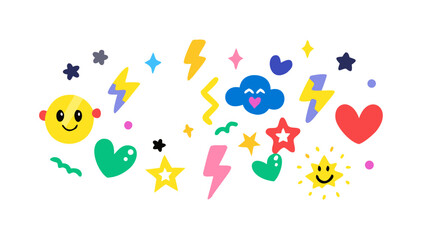 Smiling sun hearts lightning stars and clouds vector