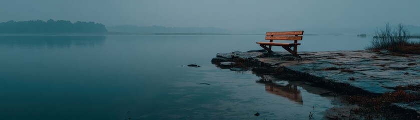 A secluded wooden bench perched on a solitary rock island offers a tranquil resting spot in the serene placid waters of a remote and peaceful mountain lake at dawn