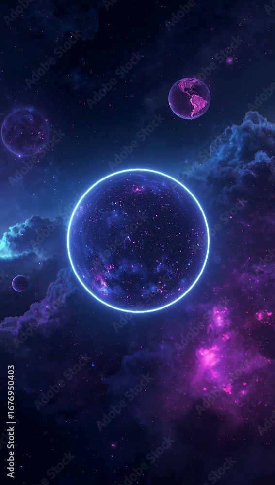 Wall mural futuristic neon glowing spheres floating in infinite space symbolizing ai driven creative universes
