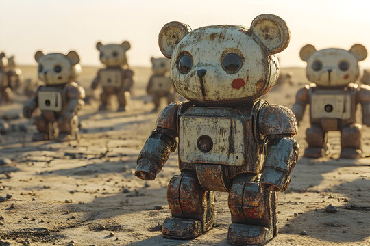 Vintage robot teddy bears in desert landscape at sunset
