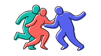 Three people dancing in teal coral and blue movement celebration