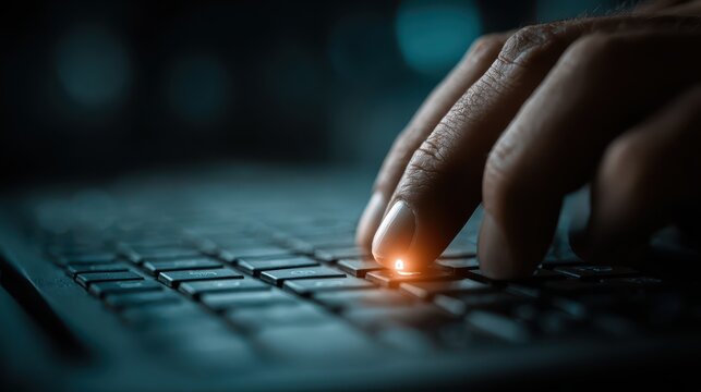Detailed close up view of hands typing on a sleek modern laptop keyboard fingers gracefully dancing across the illuminated keys representing work communication and technology