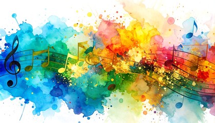Colorful musical notes on watercolor splashes