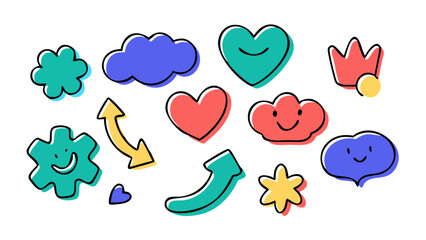 Vibrant cartoon doodle elements with smiling faces shapes heart