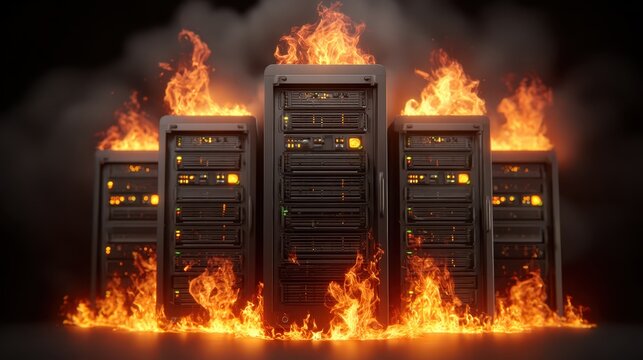 A catastrophic scene unfolds within a data center as multiple racks of network servers are engulfed in roaring flames with thick black smoke billowing towards the ceiling signaling