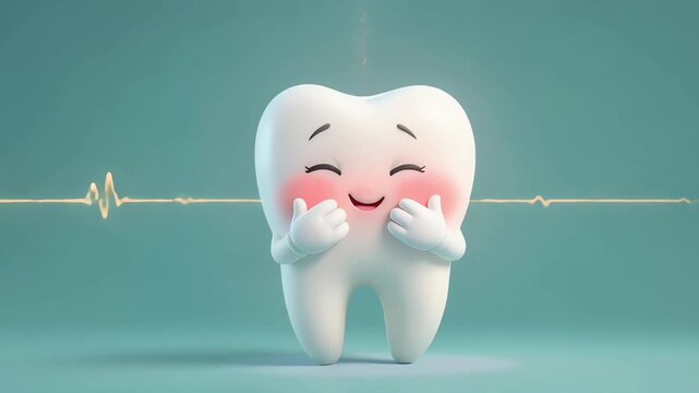 A cute and healthy cartoon tooth character with a happy blushing face, symbolizing excellent dental care and oral hygiene on a soft green background