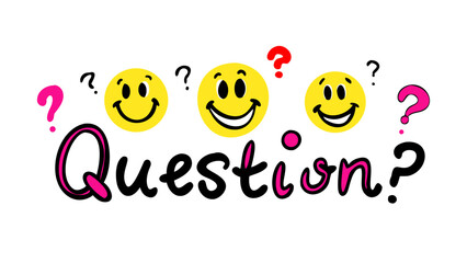 Yellow smiley faces question marks and pink lettering vector