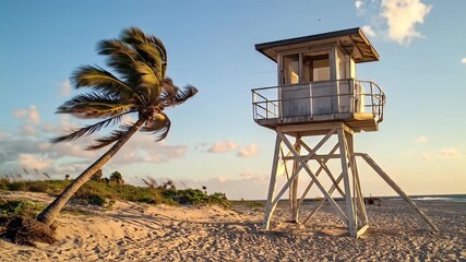 Windswept beach scene with palm tree bent in the wind and a tall lifeguard tower