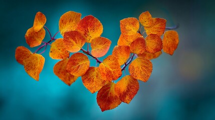Vibrant autumn aspen leaves glow with warm orange and red hues against a soft blue background