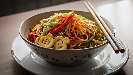 Colorful noodle bowl with veggie toppings and whimsical pasta shapes sits on a plate - Powered by Adobe