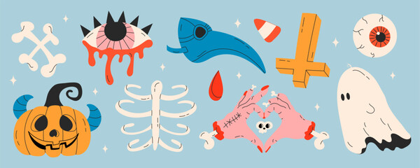 Halloween set with cute and spooky characters and stuff. Funny doodle Helloween bundle with holiday pumpkin, ghost, candy for October party. Kids flat vector illustrations isolated on white background