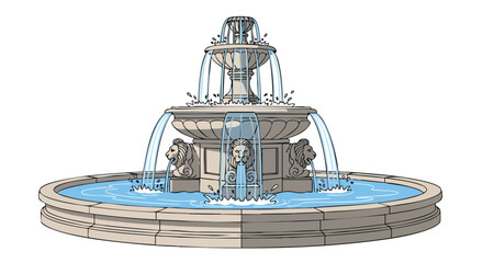 Elaborate water fountain illustration with tiered basins and lion head sculptures, evoking grandeur and classic design