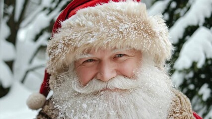 Santa claus dressed in a traditional red outfit with a large, fluffy white beard and hat, smiling warmly surrounded by falling snow against a blurred winter background. - Powered by Adobe