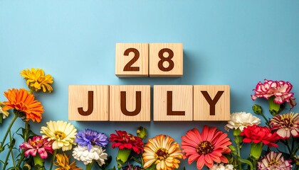 Wooden Blocks with Date 28 July. Floral Calendar – Vibrant Flowers on Solid Colored Background