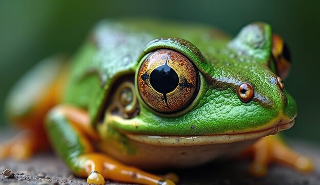 A close up view of a green tree frog with orange legs and large brown eyes in a natural setting