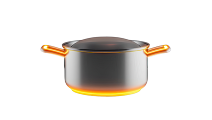 3D rendering of a stainless steel pot on a heat source