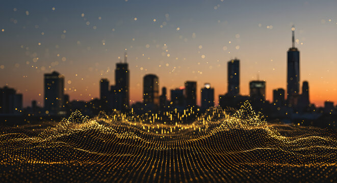Smart City Digital Network with Golden Particle Wave at Sunset
