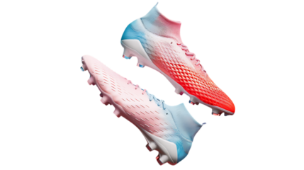 Illustration of side view of a pair of pink and blue soccer shoes isolated on transparent background, showcasing the design and style of the footwear for sports and athletic performance