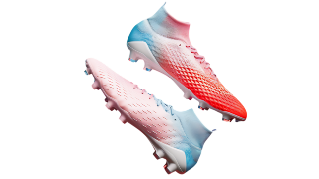 Illustration of side view of a pair of pink and blue soccer shoes isolated on transparent background, showcasing the design and style of the footwear for sports and athletic performance