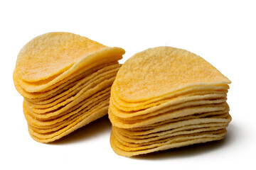 Photo of potato chips taken with a high-resolution camera using the focus-stacking technique on a white background.