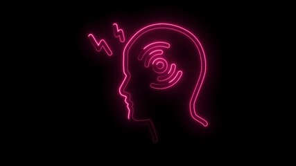 Human head with brain waves and headache neon sign on a black background