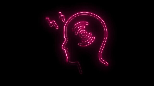 Human head with brain waves and headache neon sign on a black background