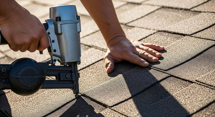 Obraz premium Roofing Nail Gun in Action: Securing Asphalt Shingles
