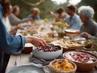 Al fresco dining scene featuring a shared meal with diverse bowls of food, warm colors, and natural light, symbolizing community, togetherness, and healthy eating.
