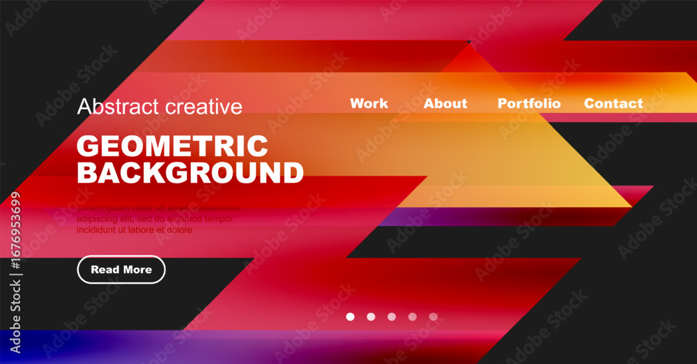Poster abstract geometric background features vibrant red, purple hues. website header includes navigation 