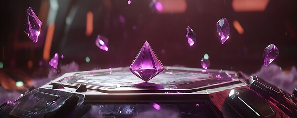 Sacred gem relic resting in tech-forged containment field with floating shards