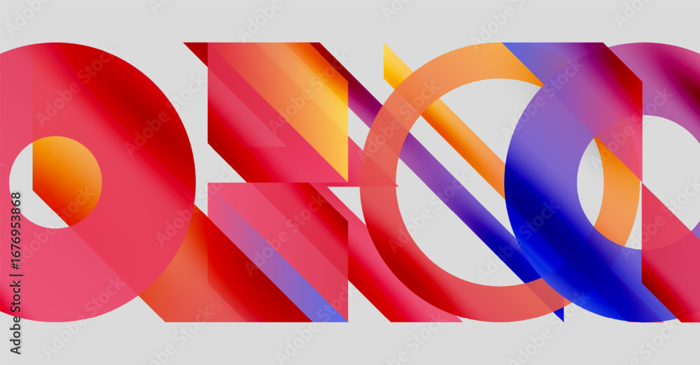 Poster abstract colorful shapes overlap, creating dynamic visual composition. gradient hues blend, forming 