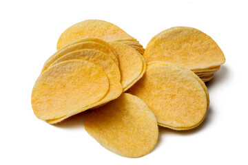 Photo of potato chips taken with a high-resolution camera using the focus-stacking technique on a white background.