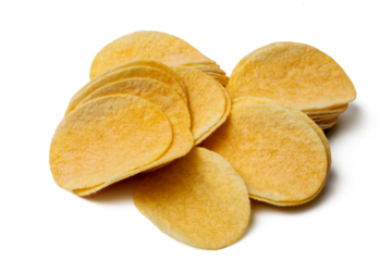 Photo of potato chips taken with a high-resolution camera using the focus-stacking technique on a white background.