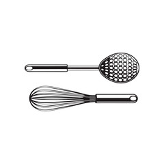 Culinary Essentials: A simple monochrome composition of two essential cooking tools, each with its unique form and function: the whisk, perfect for aerating, and the slotted spoon, ideal for draining.