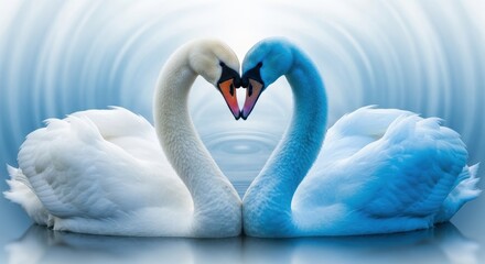 Two graceful swans intertwined, forming a heart symbol on a watery surface