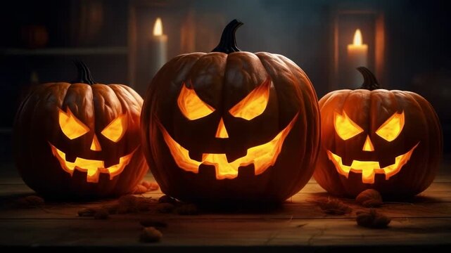 Halloween celebration features carved pumpkins with glowing faces in an atmospheric setting