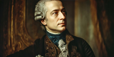 Portrait of a distinguished gentleman in 18th century clothing against a historical backdrop