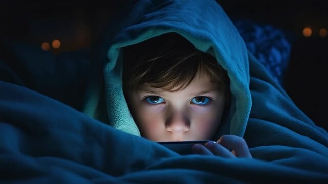 Child deeply engaged with handheld device while wrapped in cozy blanket during evening hours at home