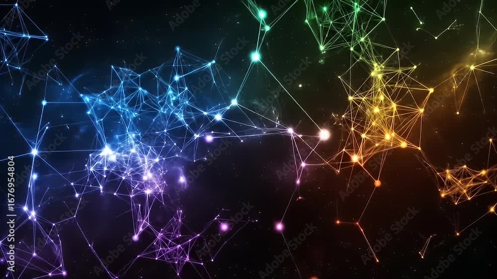 Poster colorful network of connecting dots and lines over space with scattered stars