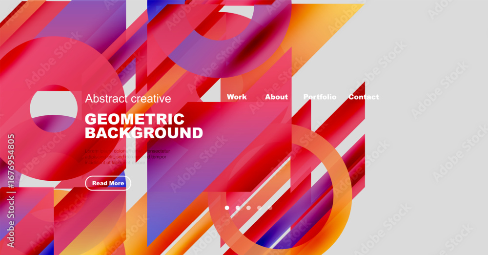 Poster dynamic geometric shapes, vibrant colors, website header design. includes navigation options, text o