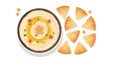 Authentic hummus bowl surrounded by pita bread pieces for healthy culinary delight and flavorful snack experience perfect for dietary lifestyle,