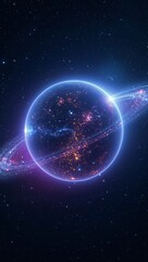 Obraz premium Neon glowing planetary spheres representing futuristic AI driven harmony across intergalactic civilizations
