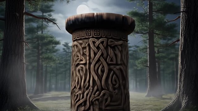 Carved stone pillar with Celtic knotwork in a misty forest under a bright moon