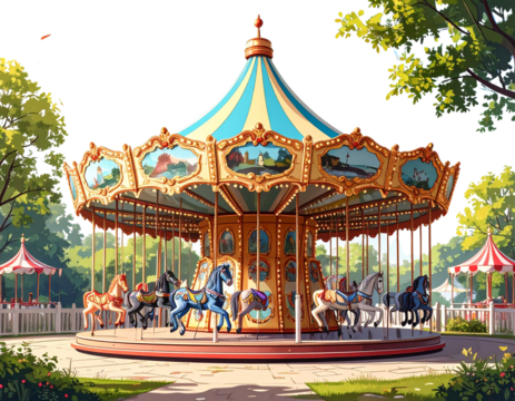 Vintage carousel rides at amusement park with colorful designs, PNG bundle collection (2)