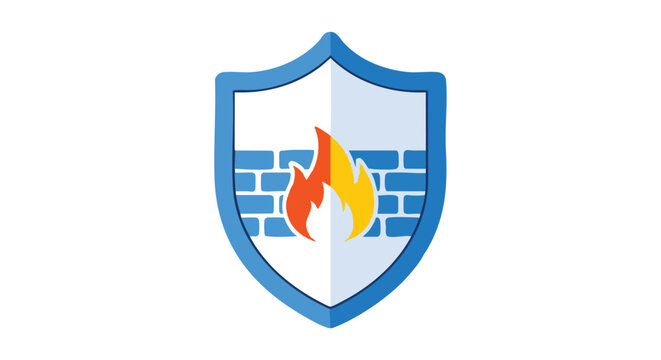 Cybersecurity shield emblem presenting a digital firewall and a burning flame symbol for ultimate security and protection needs