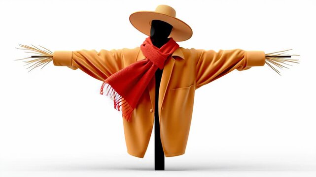 Scarecrow figure with outstretched arms, dressed in vibrant orange coat and red scarf, stands against a clean white background, showcasing a whimsical design and playful character in a continuous moti